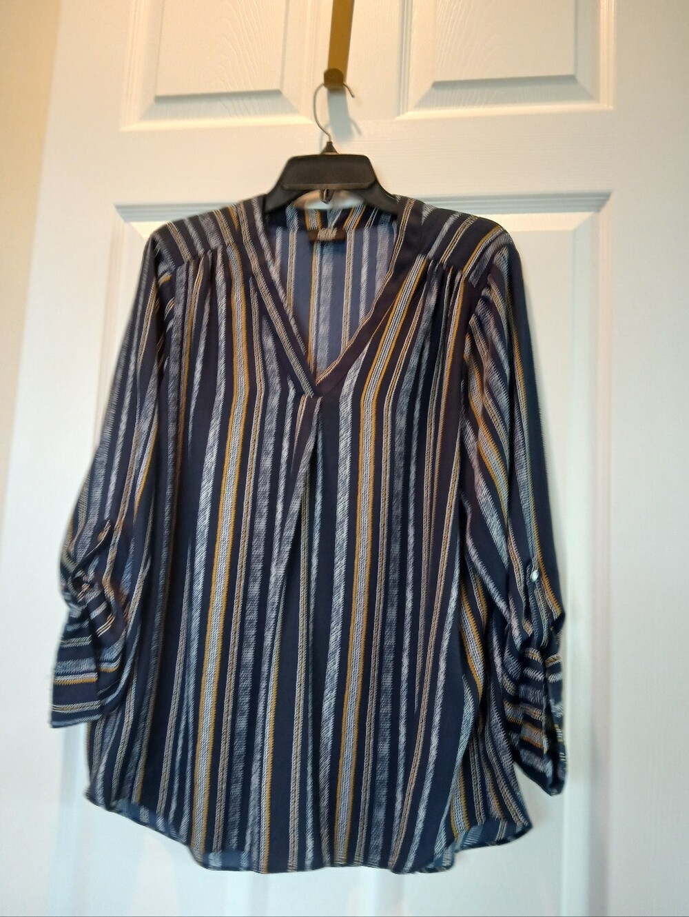 Jones New York Navy, Mustard & White Striped V-Neck Tunic